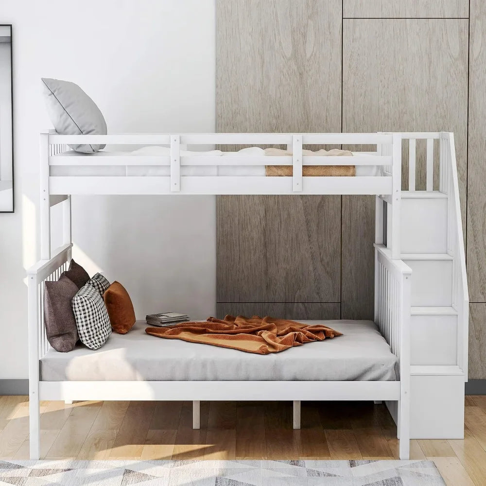 Twin Over Full Bunk Bed with Stairs & Storage Shelves, Solid Wood, White