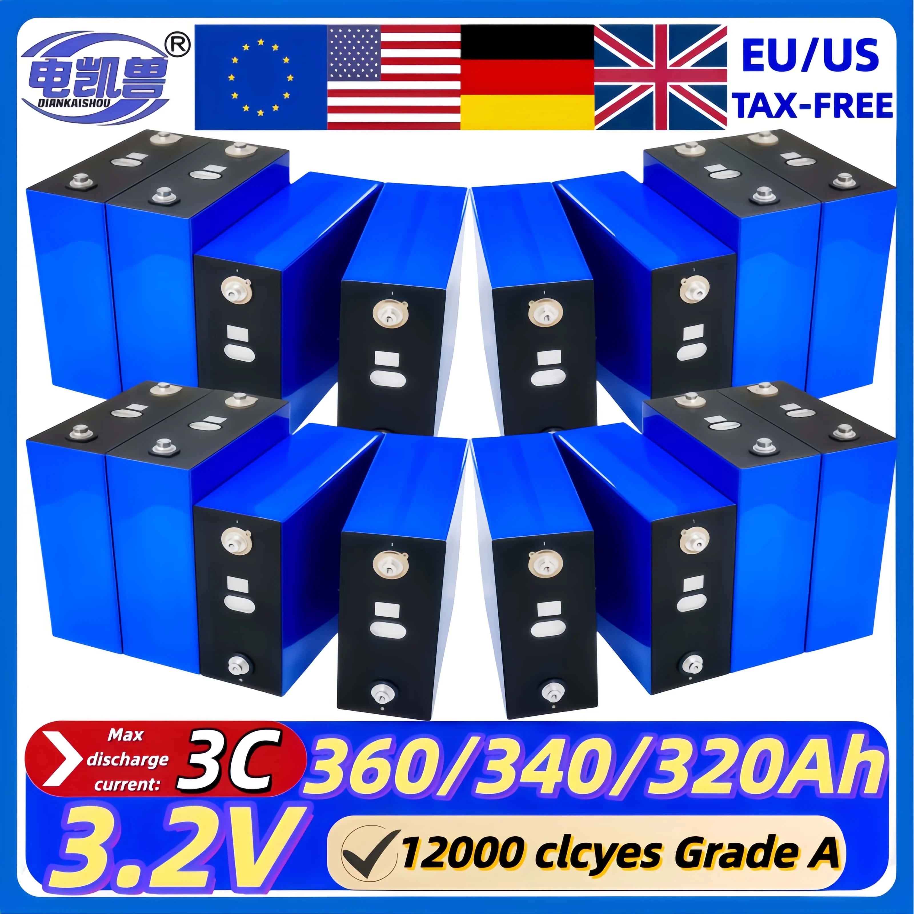 Lifepo4 Battery 3.2V 360AH 340AH 320AH 280AH 100AH for DIY Car Marine Solar Energy Storage 12V 24V 48V Grade A EU US Tax-Free