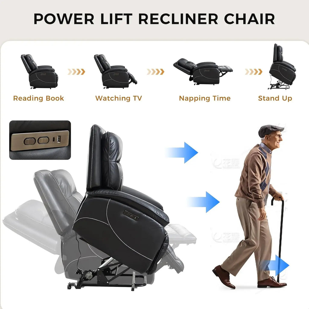 Dual Motor Power Lift Recliner, 26in Wide, Heat Massage, Leather Lay Flat, USB
