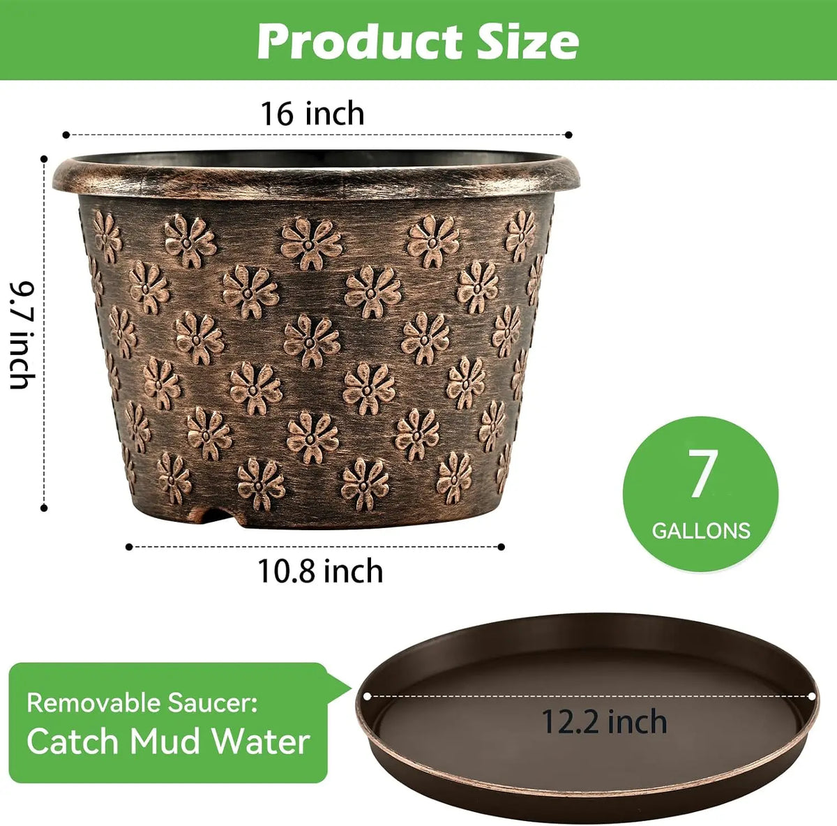 12 & 16 Inch Plastic Flower Pots Indoor Outdoor, 4 Pack Resin Plant Pot with Drainage & Saucer,