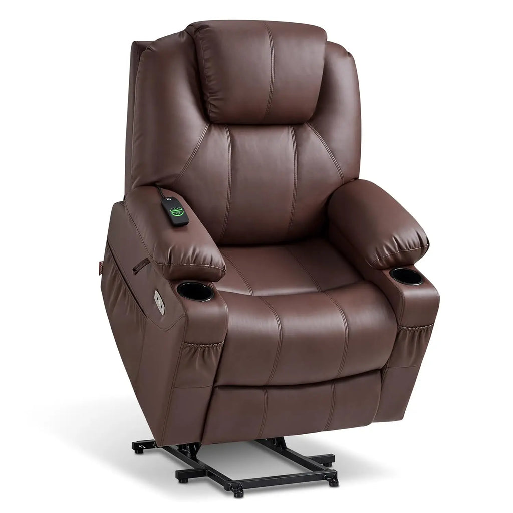 Electric Power Lift Faux Leather Recliner, Massage, Heat, 3 Positions, 2 Pockets, Cup Holder