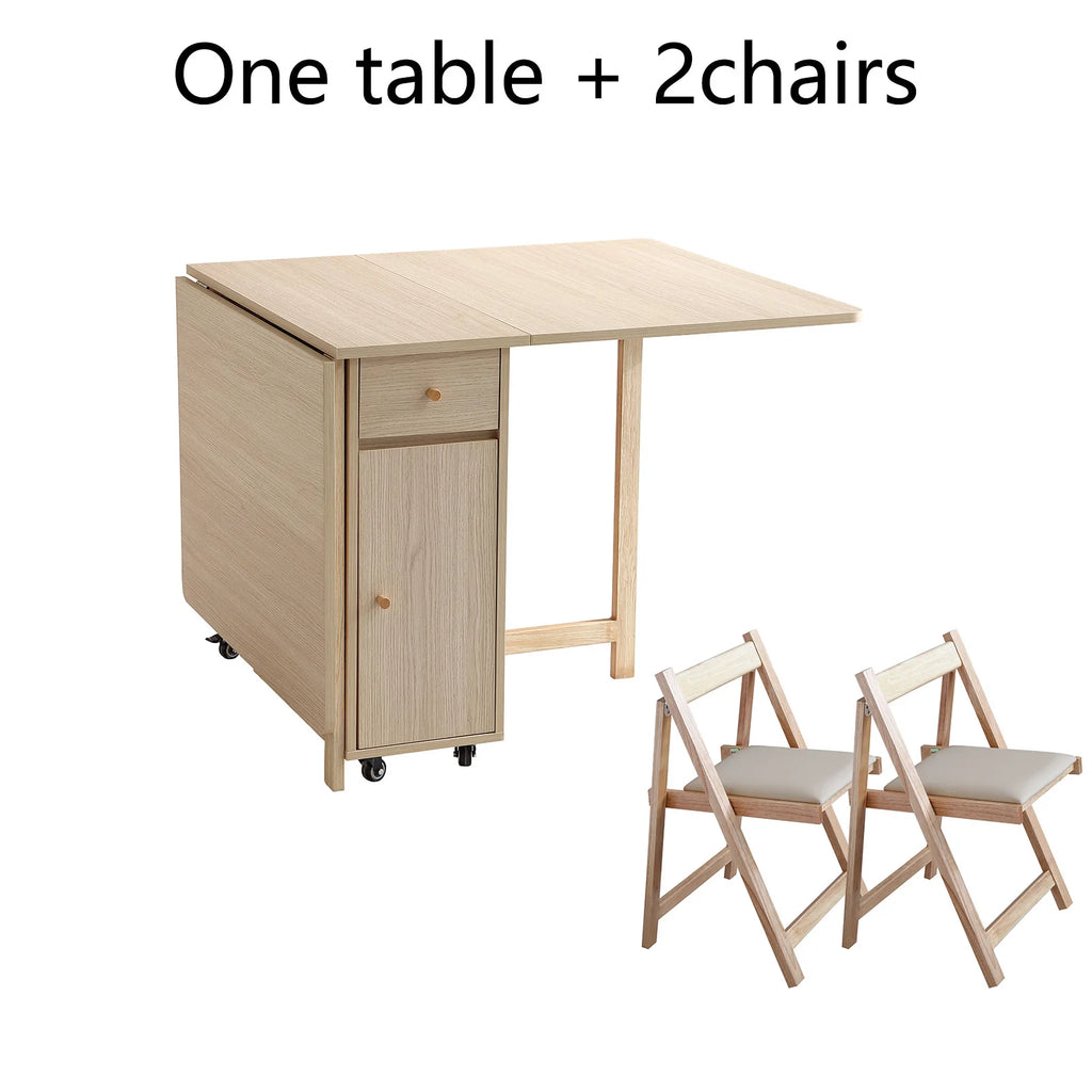 Extendable Drop Leaf Folding Dining Table with 2 Drawers and 4 Wheels and Chairs
