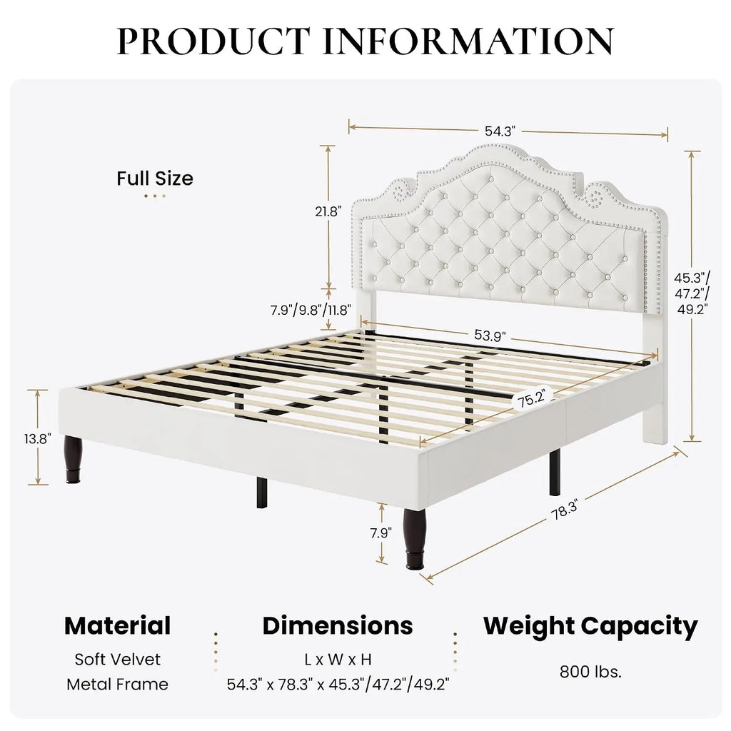 Full Size Upholstered Bed Frame Adjustable Headboard Velvet Tufted, Metal Studs, Wood Slats