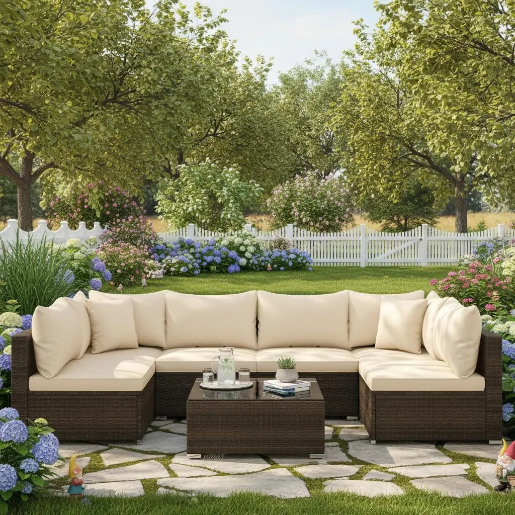 7 Pieces Wicker Patio Furniture Set, All-Weather Outdoor Rattan Sectional Sofa Set with Cushions & Tempered Glass,