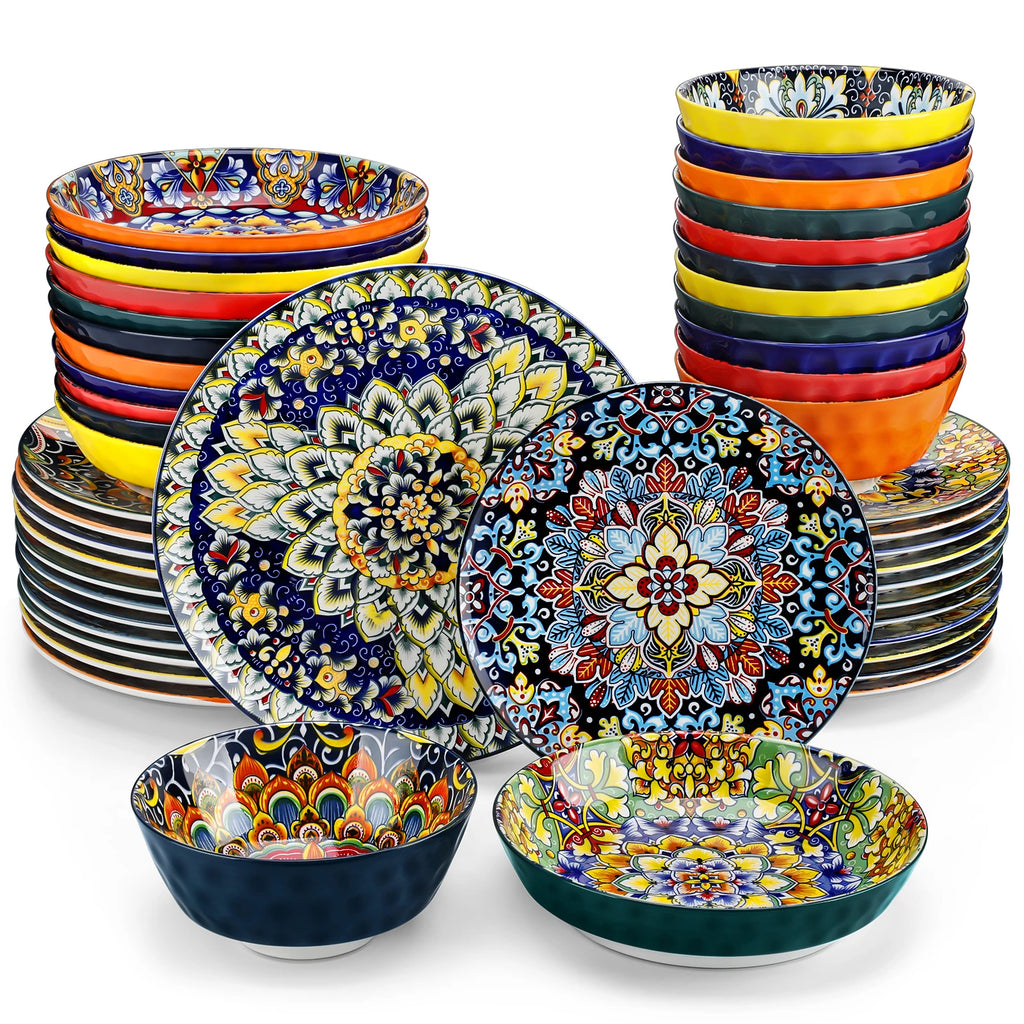 vancasso 24 PCS Ceramic Dinnerware Set Porcelain Bohemian Style Dinnerware with Dinner/Dessert Plate/Cereal/Pasta Bowl For 6
