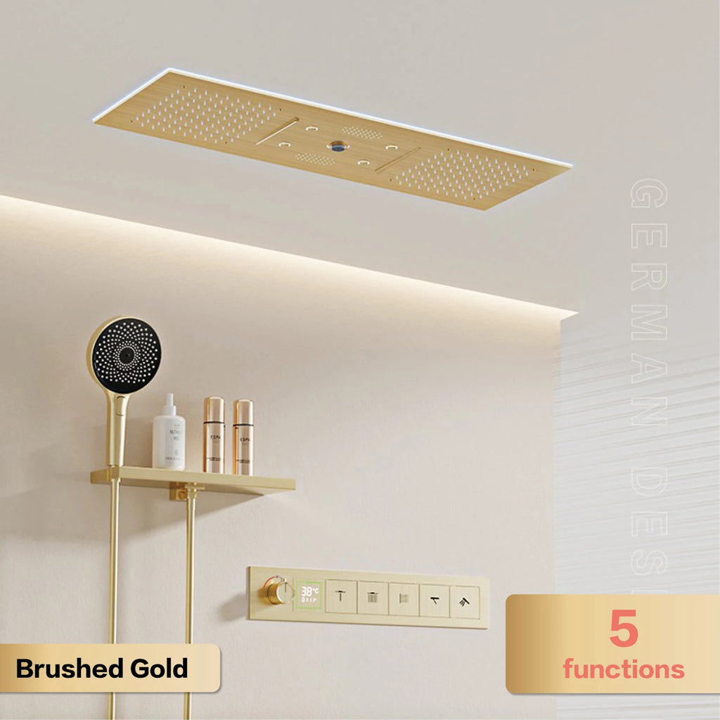 AITANA Luxury Brass Gunmetal LED Display Thermostatic Shower System Bathroom Ceiling Embedded Concealed Giant Curtain Rainfall