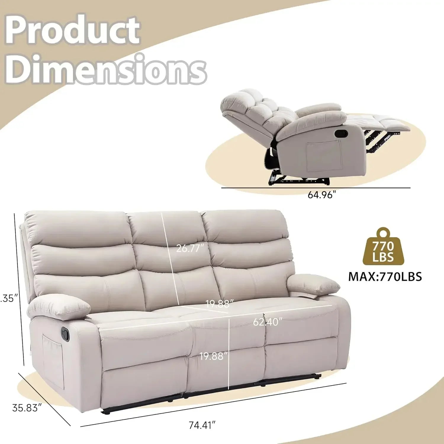 Manual 3 Seat Reclining Sofa Leather 3-Seater Manual Reclining Couch with Overstuffed Arms