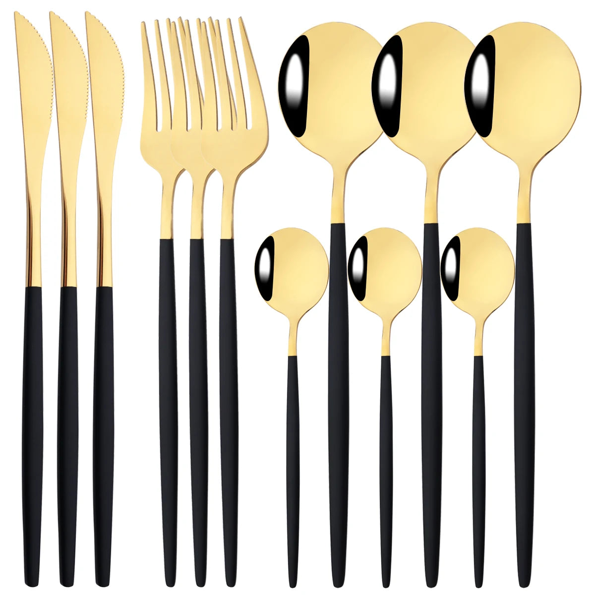 12pcs Black Gold Dinnerware Set Stainless Steel Tableware Knife Fork Coffee Spoon Teaspoons Cutlery Set Party Kitchen Flatware