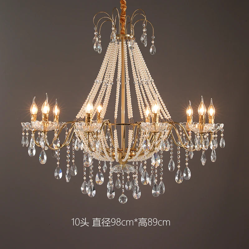 American Crystal Lamp French Retro Style Pearl Chandelier Middle Villa for Living Room Dining Room Bedroom Duplex Chandelier