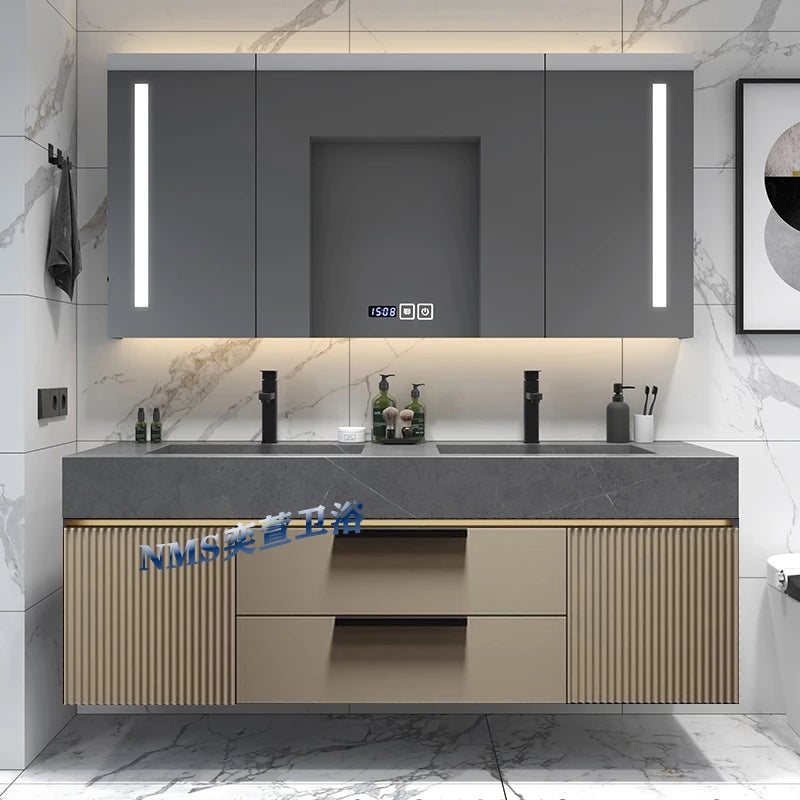 Light Luxury Slate Integrated Basin Bathroom Cabinet, Double Washbasin Combination