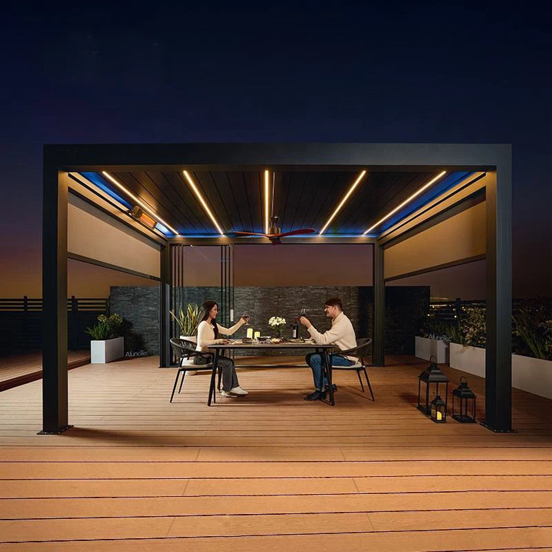 4x3m 3x4m Motorized Aluminum Pergola with Glass Sliding Doors LED Lights All-season Use