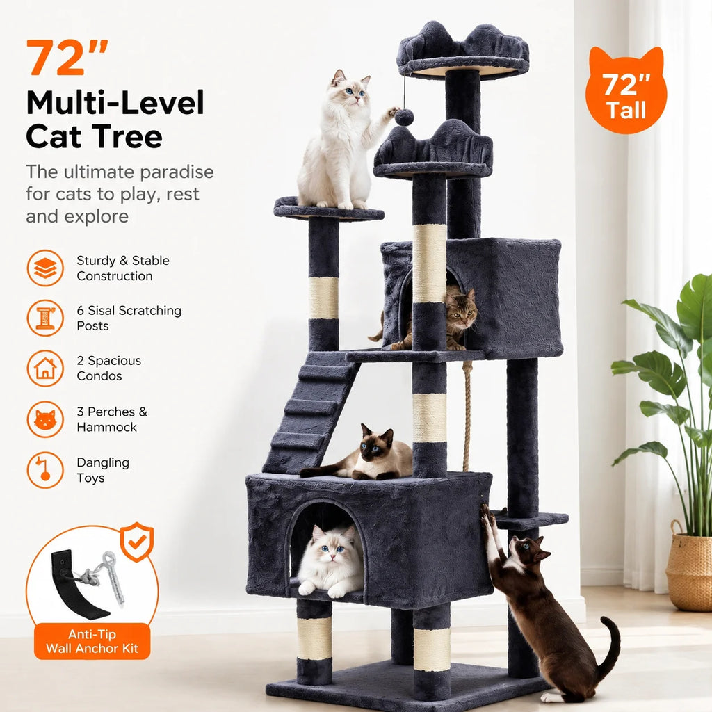 72" Cat Tree for Large Cats, Multi-Level Cat Tower with 6 Sisal Scratching Posts,