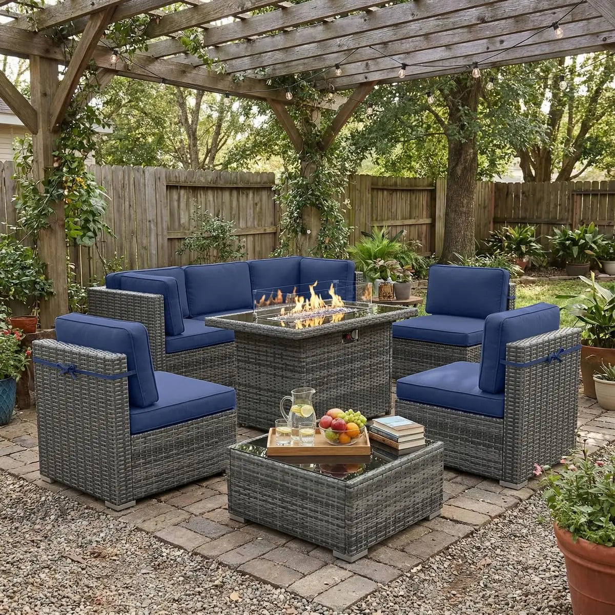 8 Piece Patio Furniture Set with 44" Propane Gas Fire Pit Table,