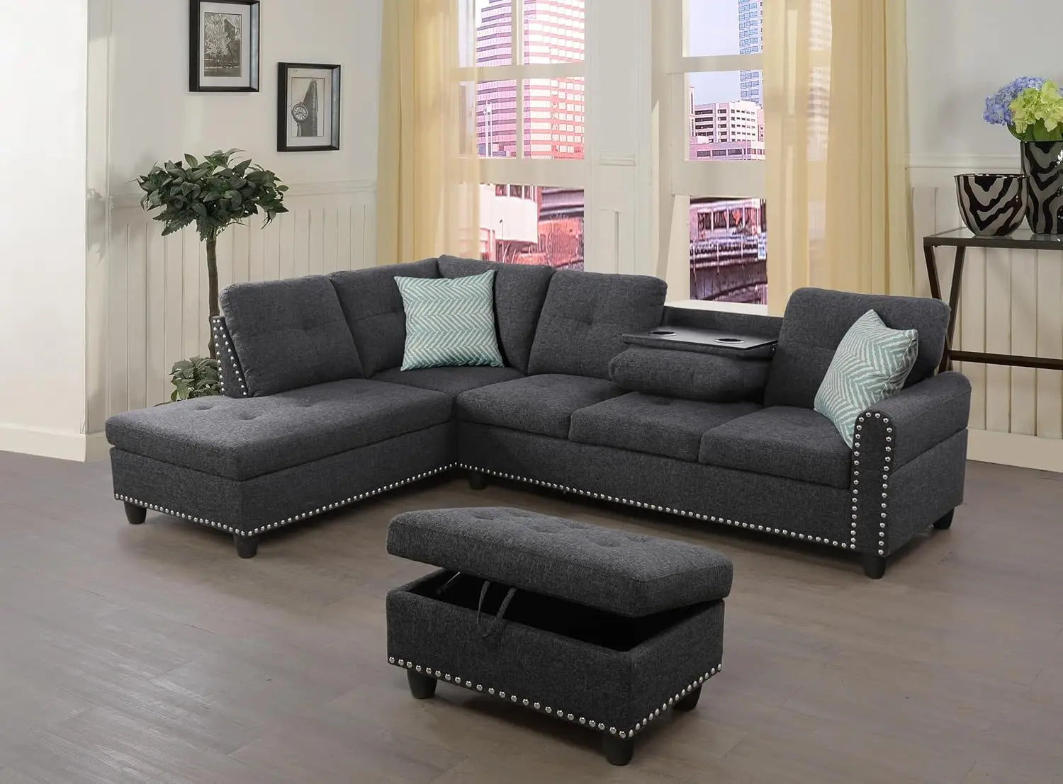 Modern L-Shape Sectional Sofa Chaise & Ottoman, 2 Pillows, Cup Holder