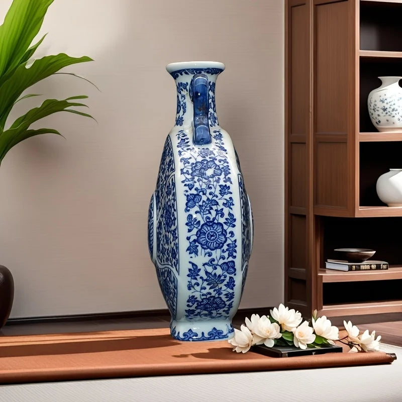 Handcrafted Porcelain Vase with Blue & White Floral Traditional Chinese Home Decor,