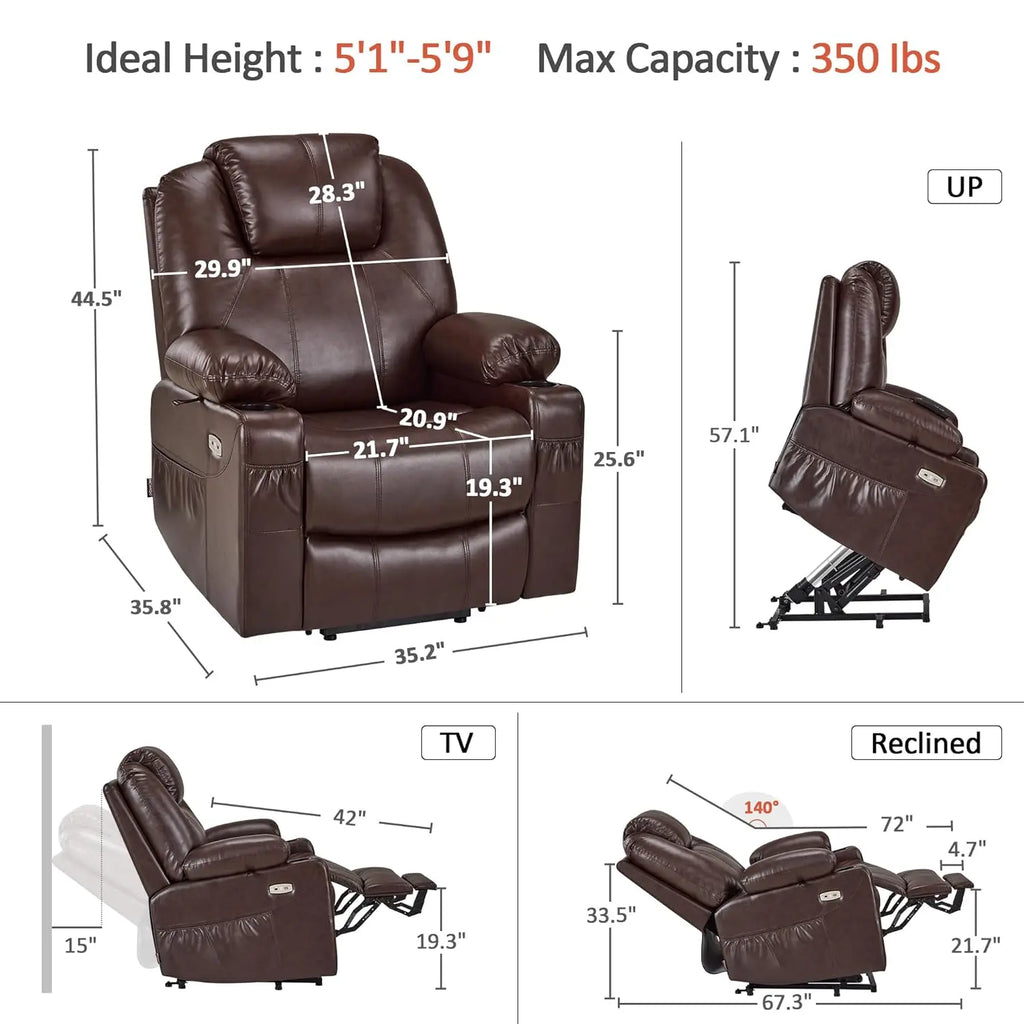 Electric Power Lift Faux Leather Recliner, Massage, Heat, 3 Positions, 2 Pockets, Cup Holder