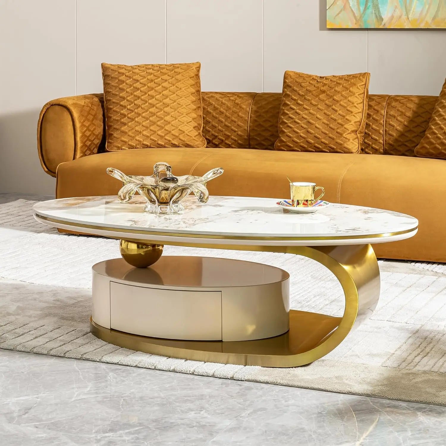 Modern Coffee Table with Silver Stainless Steel Pedestal, Oval Living Room Table with Faux Marble Top