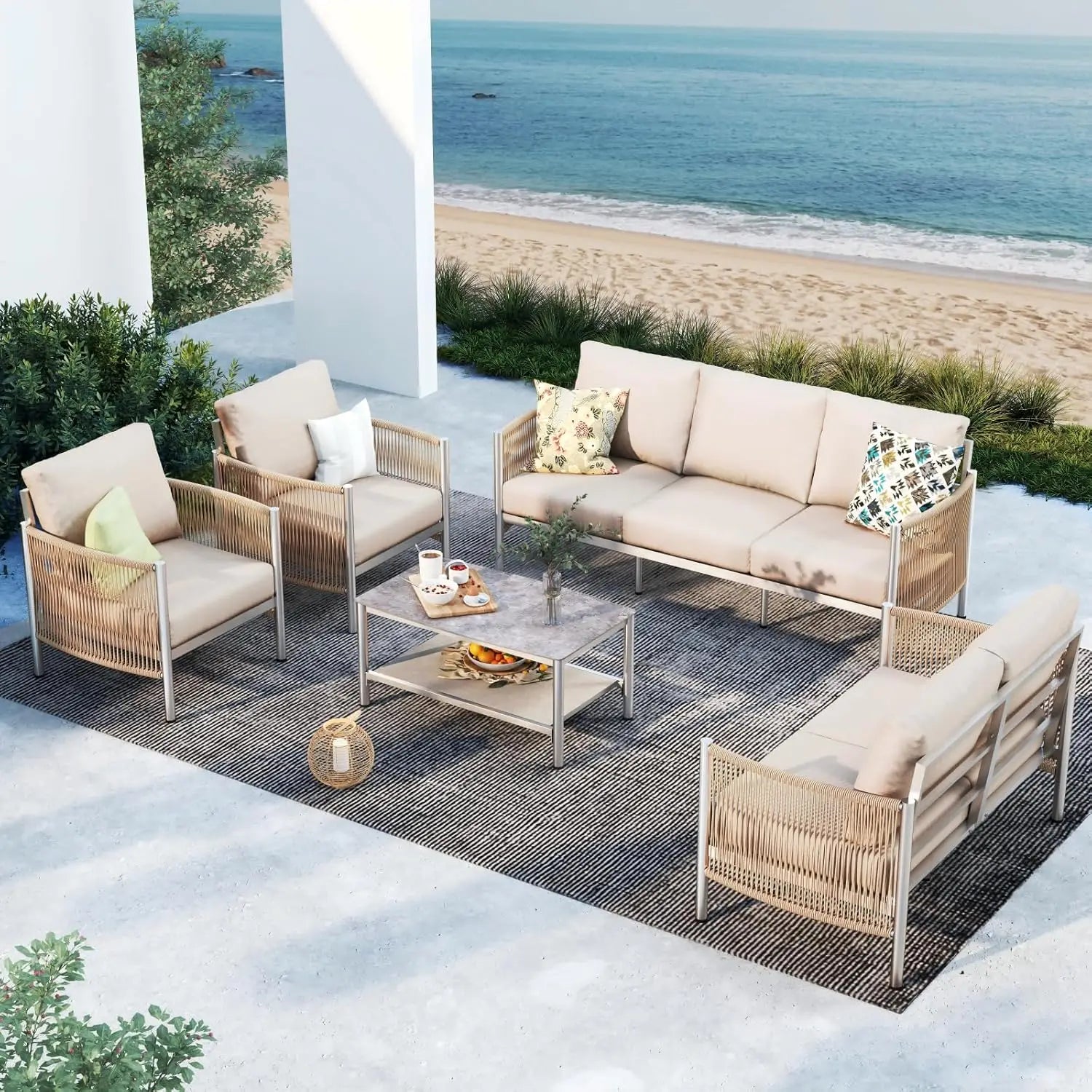 5 Piece Aluminum Outdoor Patio Furniture Set with Dual-Layer Coffee Table,