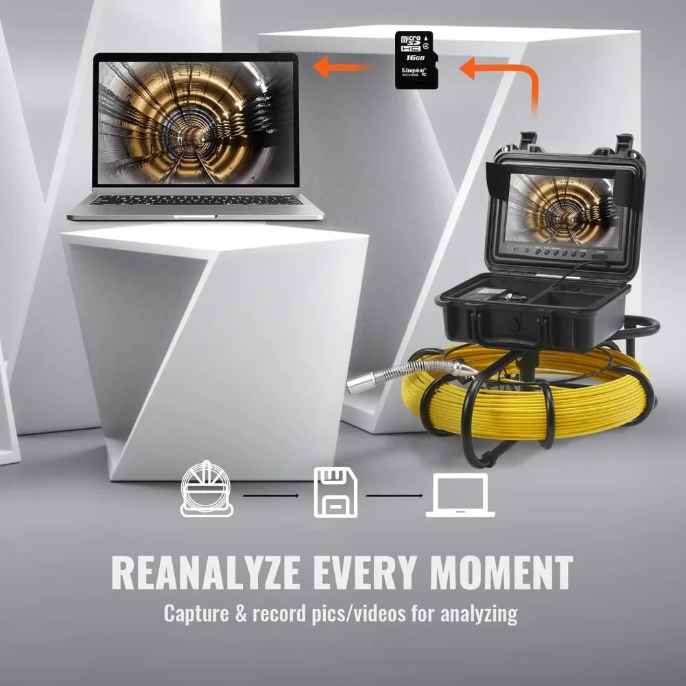 230ft Sewer Camera with 9" Screen, DVR, 12 LEDs, 16GB SD Card,