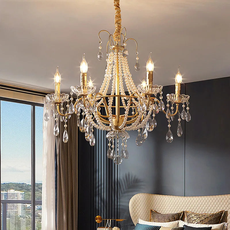 American Crystal Lamp French Retro Style Pearl Chandelier Middle Villa for Living Room Dining Room Bedroom Duplex Chandelier