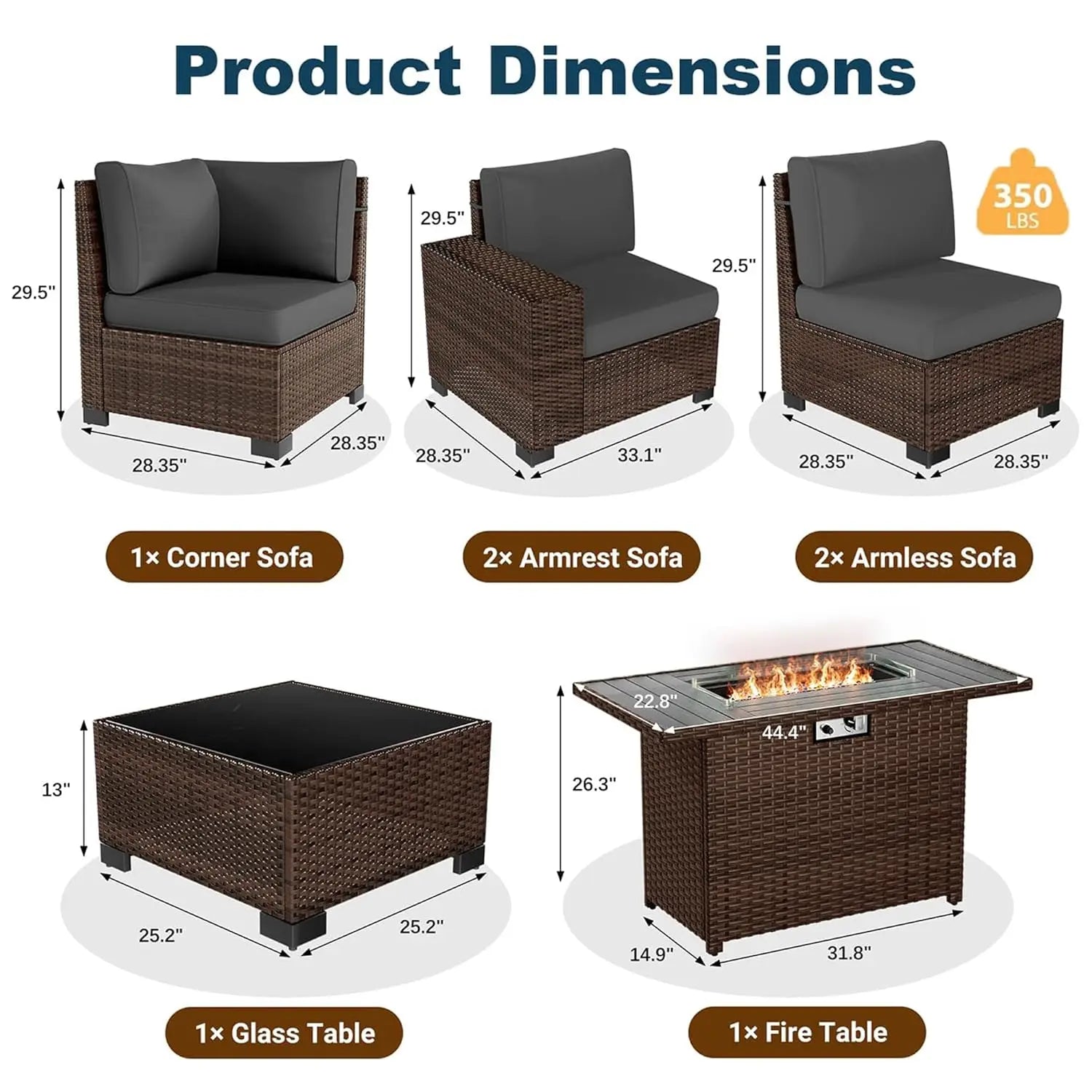 Patio Furniture Set with Fire Pit Table, 7 Piece Outdoor Sectional Conversation Sets Wicker Rattan Sectional Sofa,