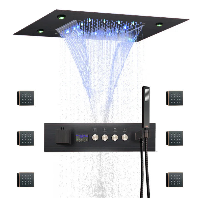Concealed Brass Shower, LED Thermostatic digital display, showerheads set into the Wall, concealed showerhead in ceiling