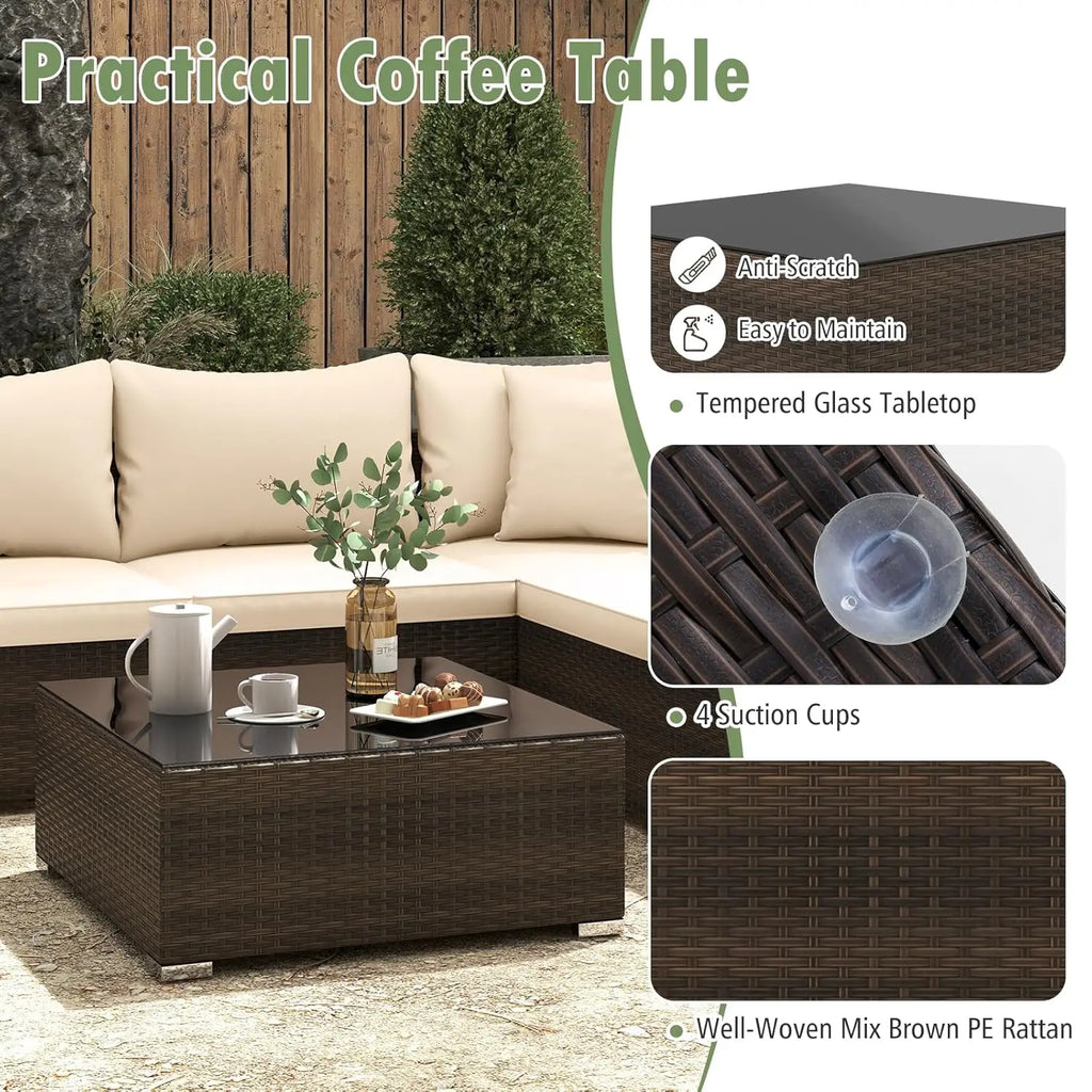 7 Pieces Wicker Patio Furniture Set, All-Weather Outdoor Rattan Sectional Sofa Set with Cushions & Tempered Glass,