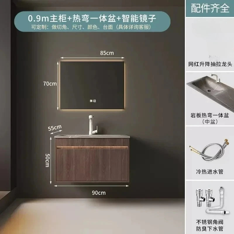 Light Luxury Vanity, Modern Solid Wood Bathroom Sink Cabinet, Rock Slab Integrated Washbasin