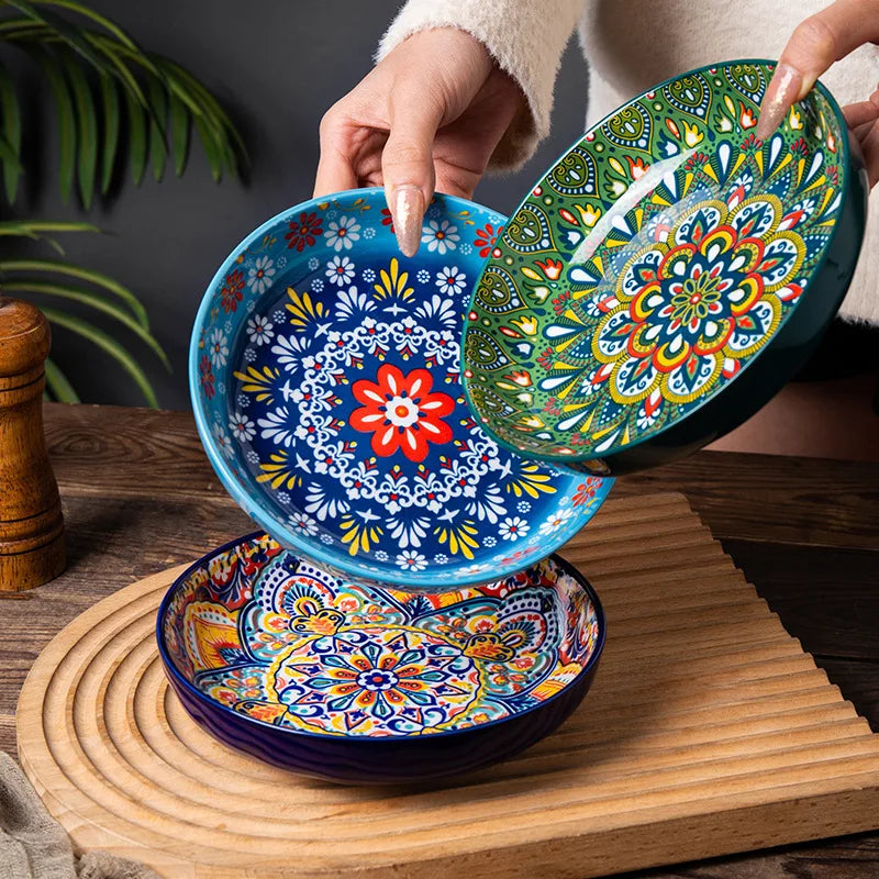 7in or 8in Ceramic Plates Household Retro Tableware Pasta Steak Plate Breakfast Dumpling  Fruit Plate