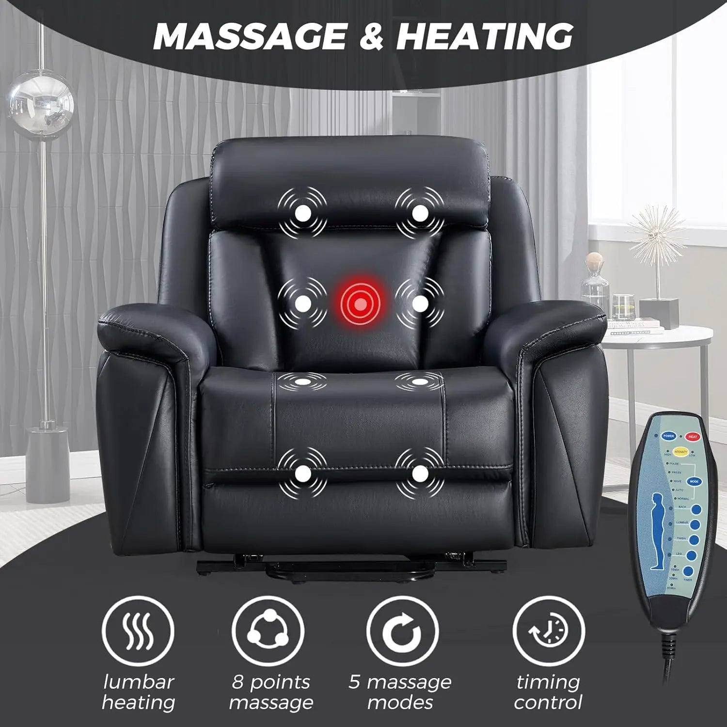 50" Oversized Power Lift Faux Leather Recliner, Massage, Heat