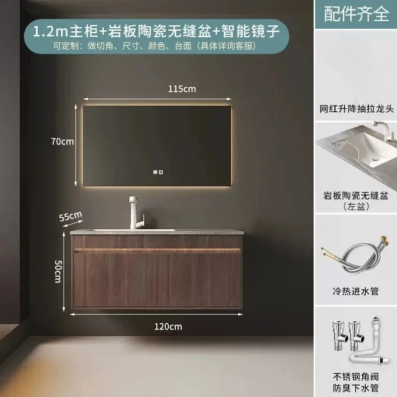 Light Luxury Vanity, Modern Solid Wood Bathroom Sink Cabinet, Rock Slab Integrated Washbasin
