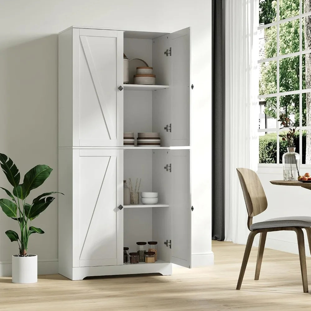 72" Farmhouse Pantry Cabinet, 4 Barn Doors, Adjustable Shelves, White