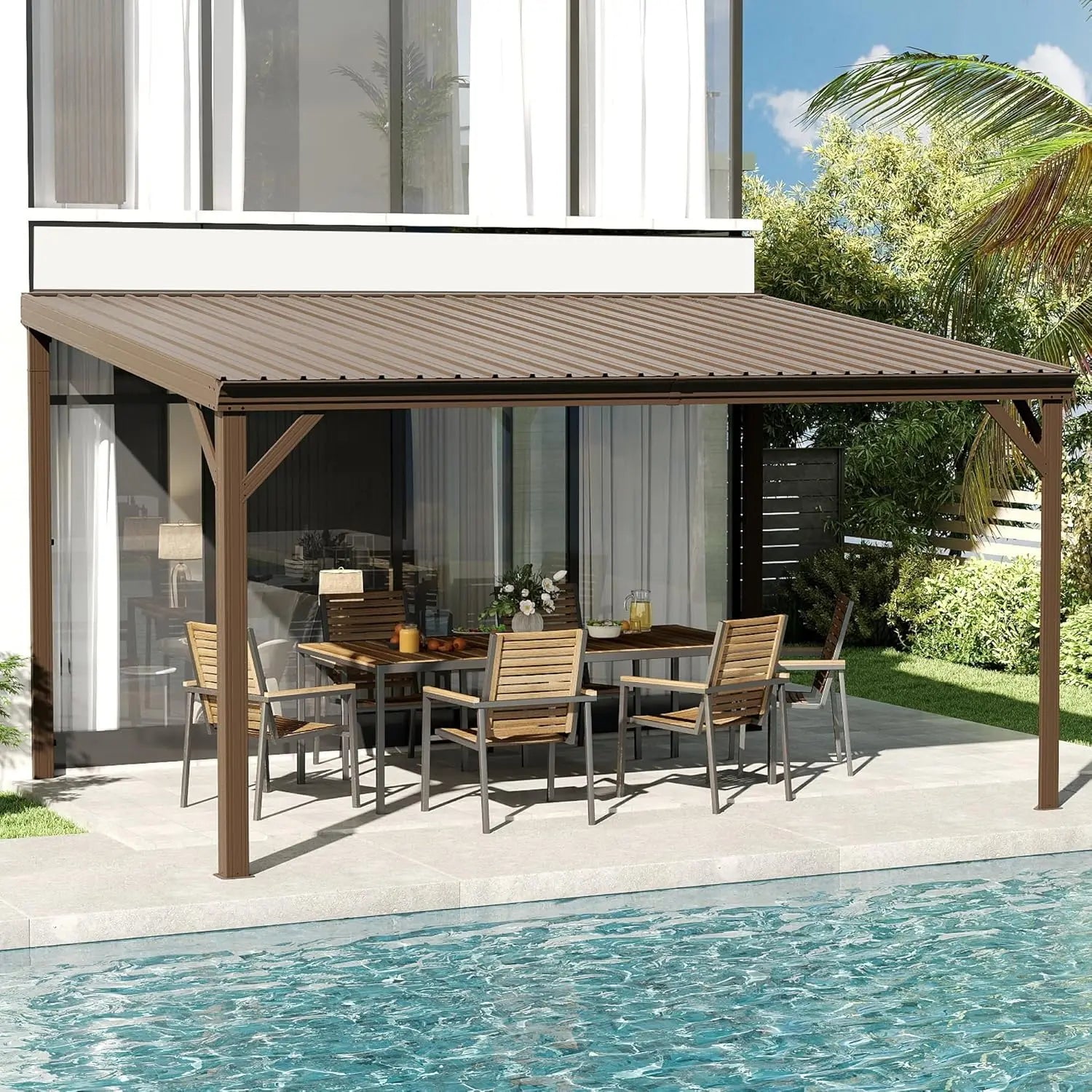 Domi 10' x 14' Lean to Gazebo, Wall Mounted with Built in Drainage System, Galvanized Steel Roof