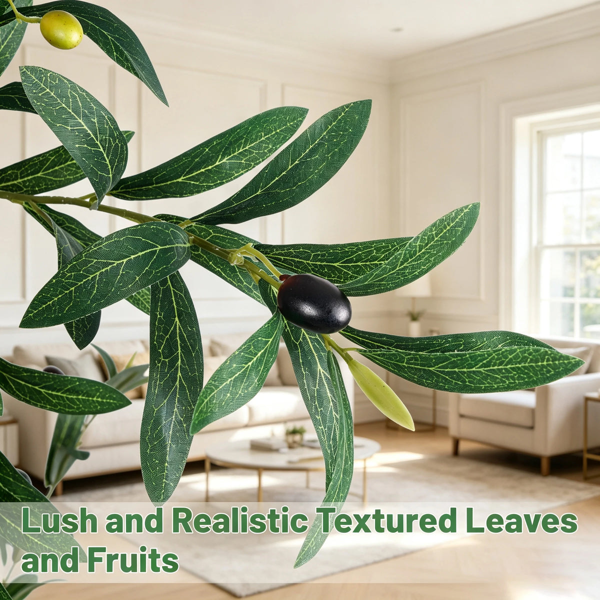 1.5/1.8/2.1m Artificial Olive Tree with Black Pot, Outdoor Indoor Artificial Plant with Natural Wood Trunk and Lifelike Fruits