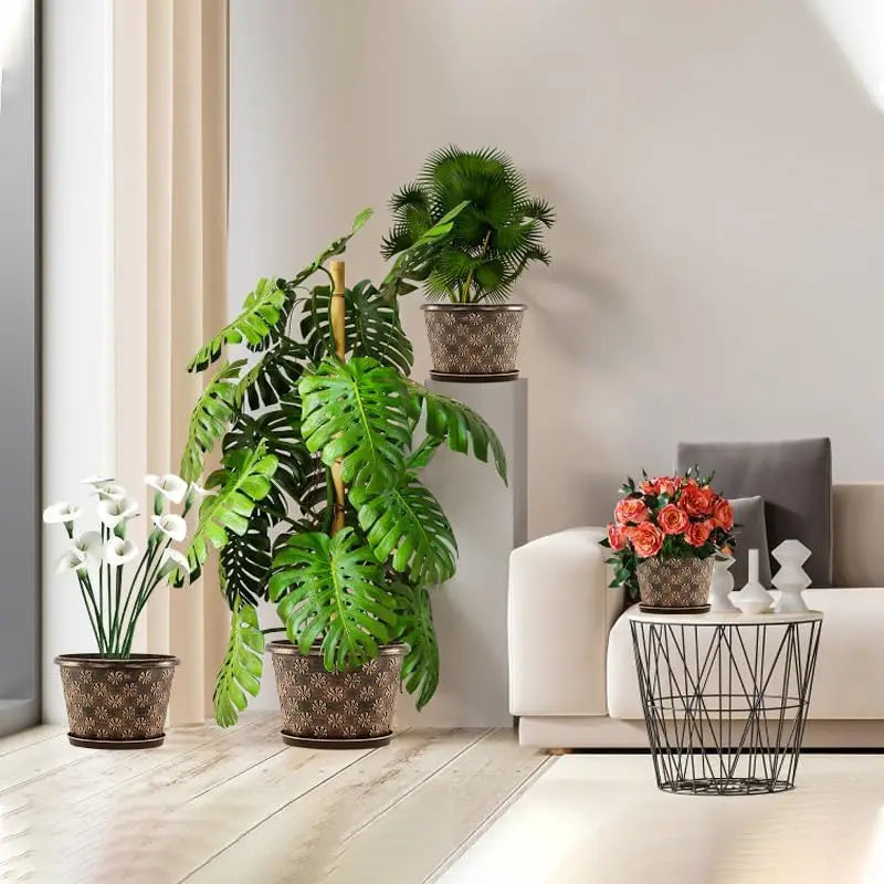 12 & 16 Inch Plastic Flower Pots Indoor Outdoor, 4 Pack Resin Plant Pot with Drainage & Saucer,