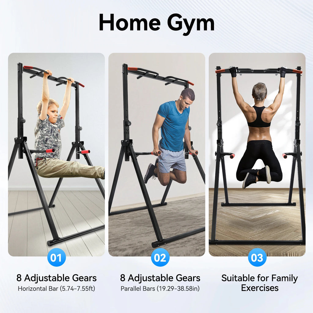 Adjustable Pull Up Bar, 200kg Load Foldable Home Gym Multi-Function Training Station with Parallel Bars