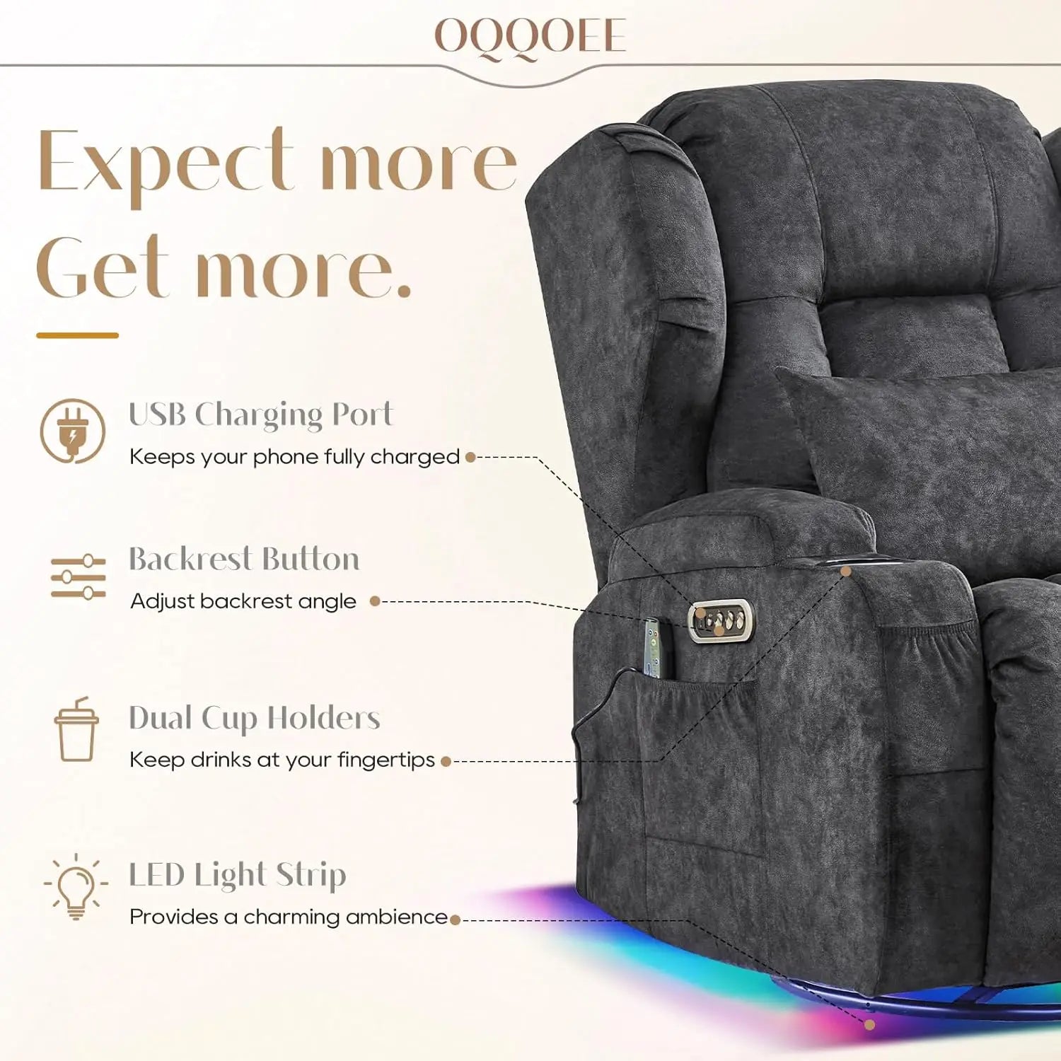 Dual Motor Power Swivel Rocker Recliner Chair with Massage & Heat, USB Ports