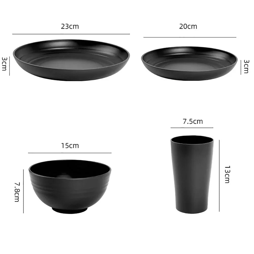 4/16Pcs Black Plastic Set Reusable Plates, Bowl, Cups 4 Sets for Kitchen Outdoor Camping