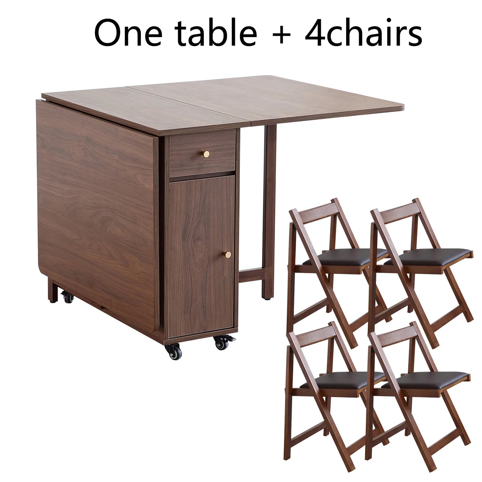 Folding Dining Table and Chairs, with 2 Drawers and 4 Wheels, Space Saving Table