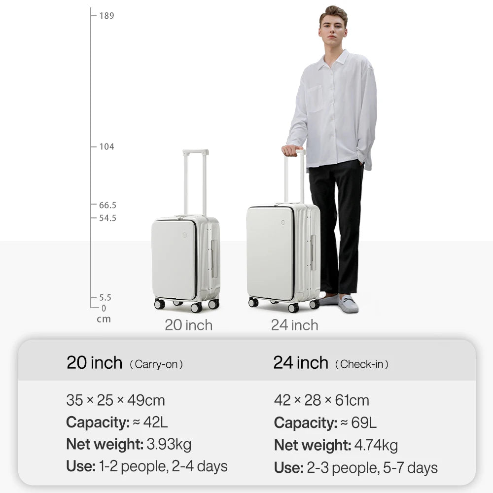 Mixi New Aluminum Frame Suitcase Carry On Rolling Luggage with USB Port, Boarding Cabin Cup, and Phone Holder