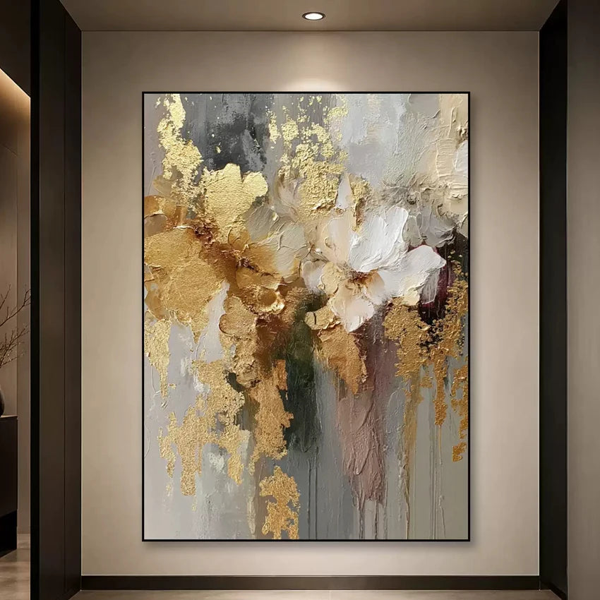 Gold Foil Design Canvas Art, Hand painted Textured Oil Painting