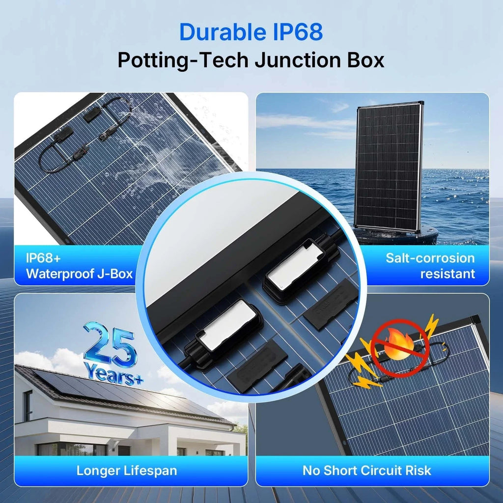 Bifacial 200W N-Type Monocrystalline Solar Panel 18V 18BB Busbar High Efficiency PV Module Dual-Sided Power Generation IP68 Waterproof Off Grid Solar Charger for Home Cabin RV Camper Camping Boat Yacht Battery Power Station O