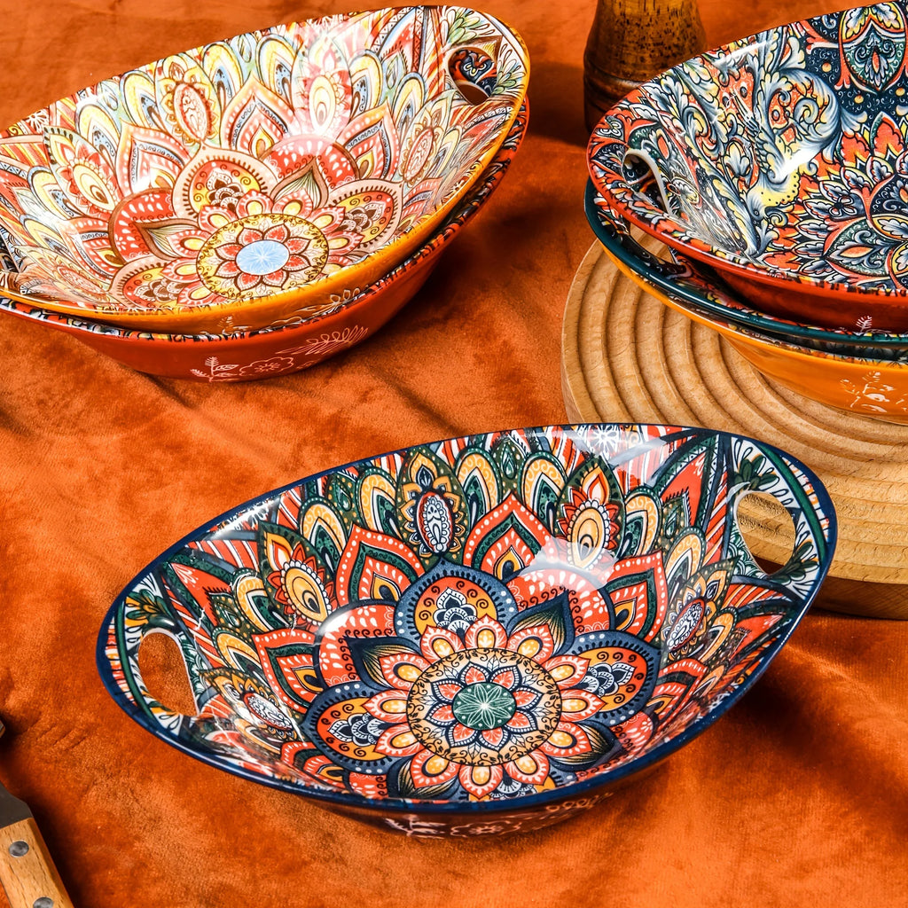Bohemian-Style Ceramic Bowl Featuring Two Handles - Safe for Microwave And Oven Use,