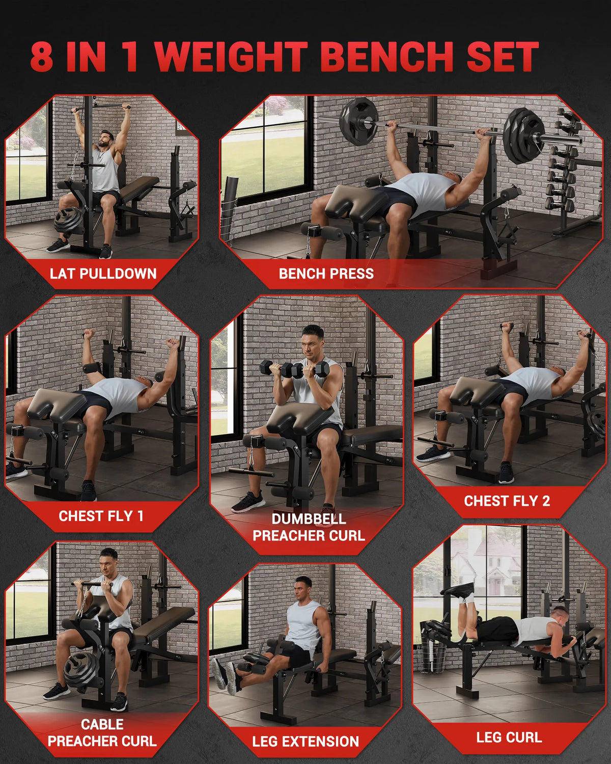 Adjustable 4-in-1 Weight Bench Set with Leg Developer Barbell Rack Butterfly Arm Preacher, Foldable