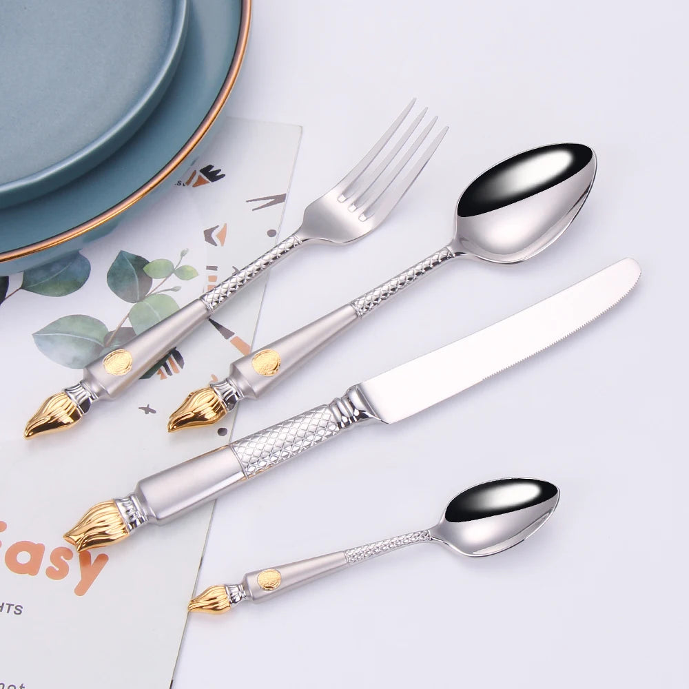 4 Pieces Tableware Set Stainless Steel Dinnerware Luxury Cutlery Vintage Knife Spoon Fork Set Kitchen Utensils Sliver Flatware
