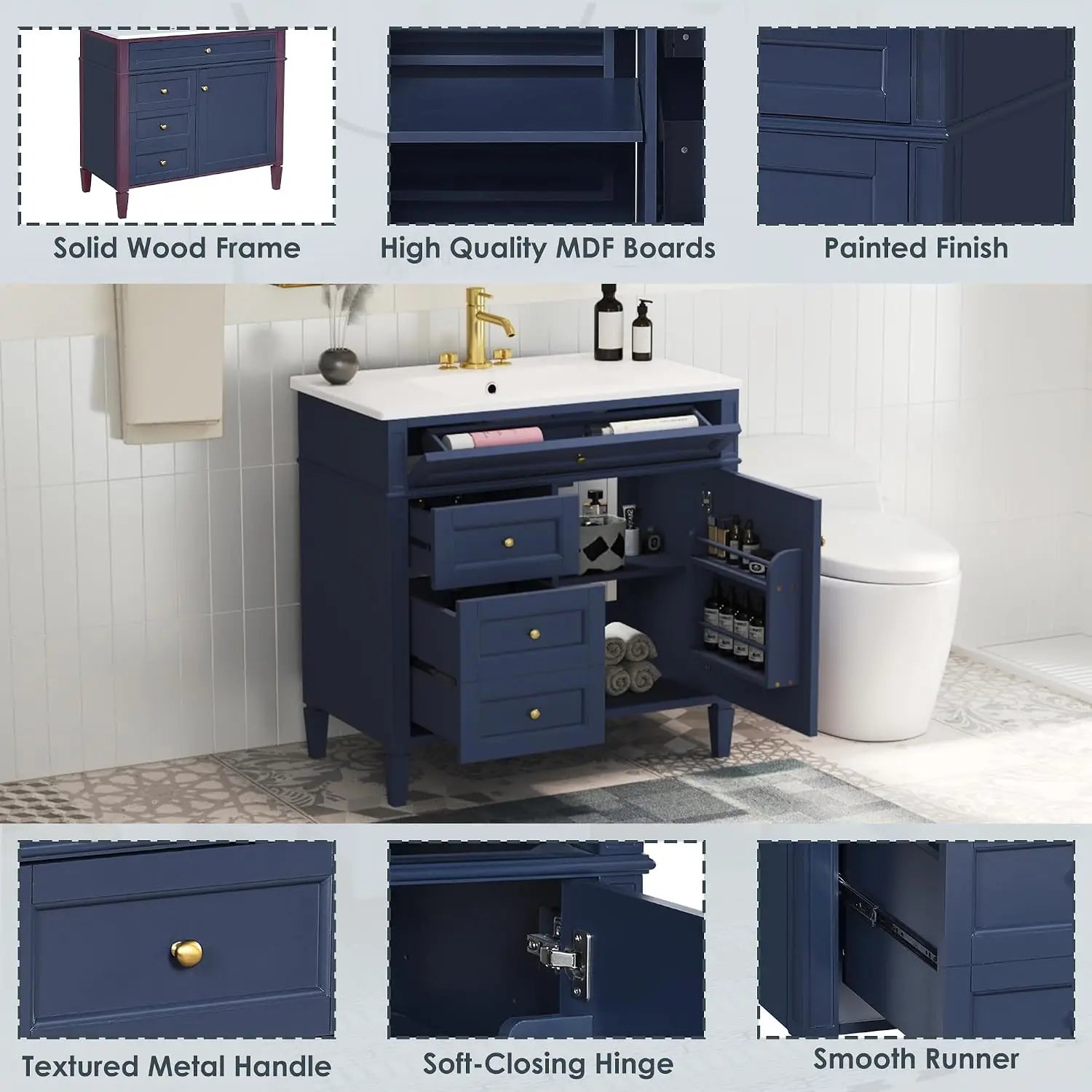36'' Bathroom Storage Cabinet Vanity with Single Sink with 2 Drawers, 1 Pull Down Drawer and 1 Door