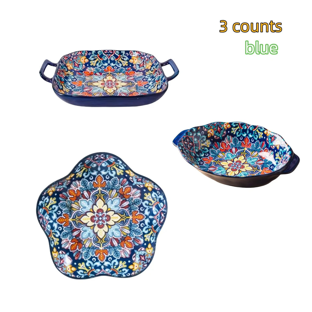 Bohemian ceramic plate set, double-eared fish plate, household steamed fish plate, high-value salad plate, cooking plate
