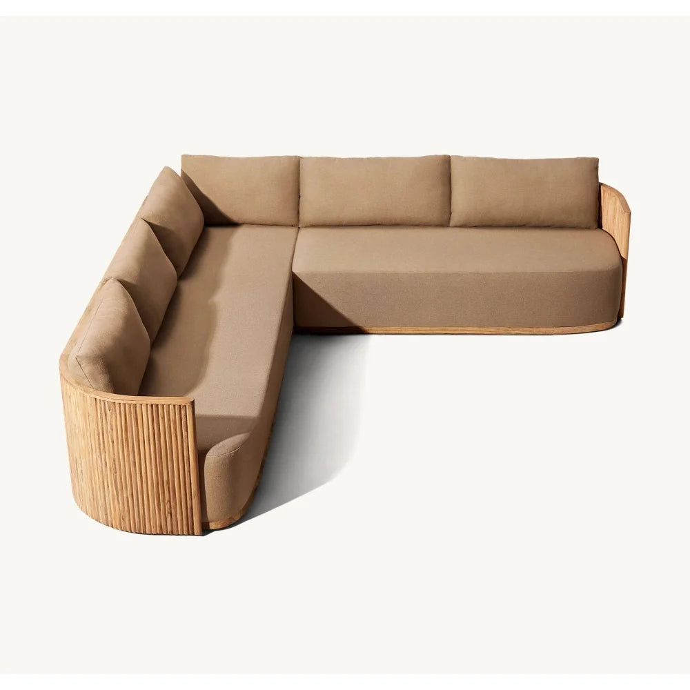 Outdoor patio teak sectional sofa set, Waterproof fabric sofa, table and chair covers, wood frame