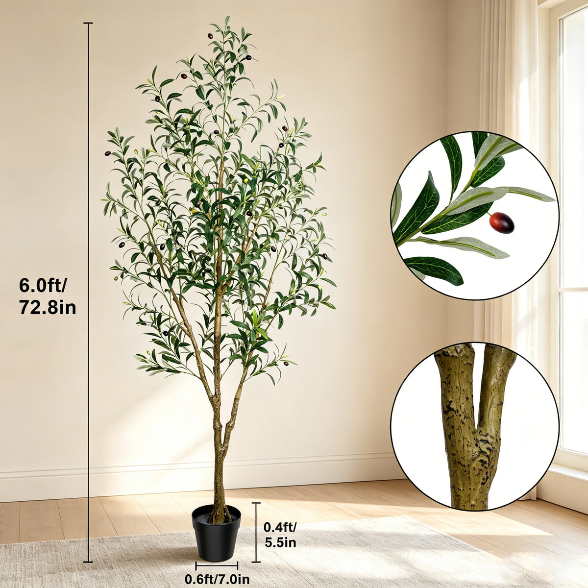 Artificial Indoor Olive Trees, 5.25/6.10/7.10FT Tall Faux Olive Tree with Black Pot,