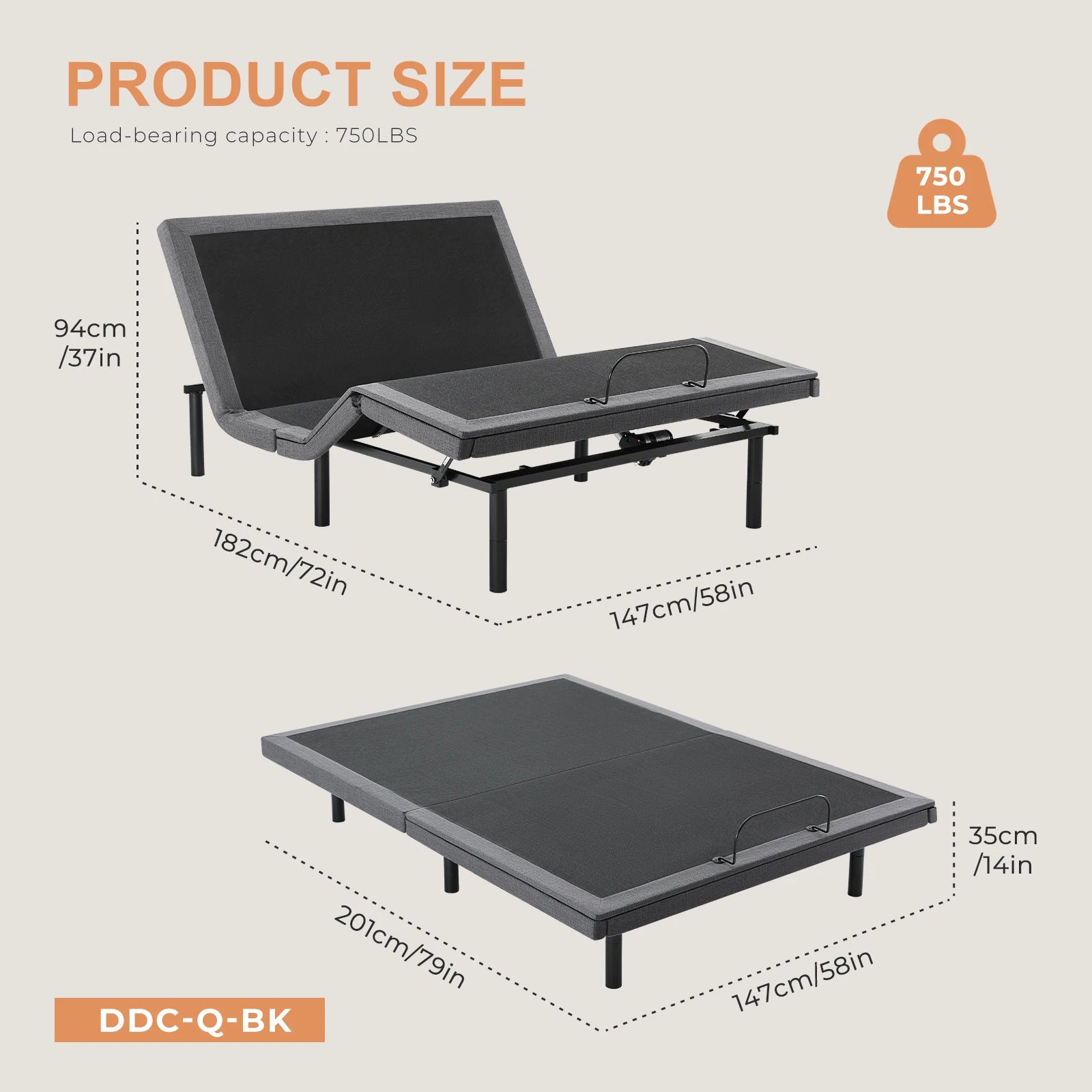 JHK Electric Queen Size Bed Ergonomic Adjustable Bed Frame with Wireless Remote Zero Gravity Bed with 2 USB Ports